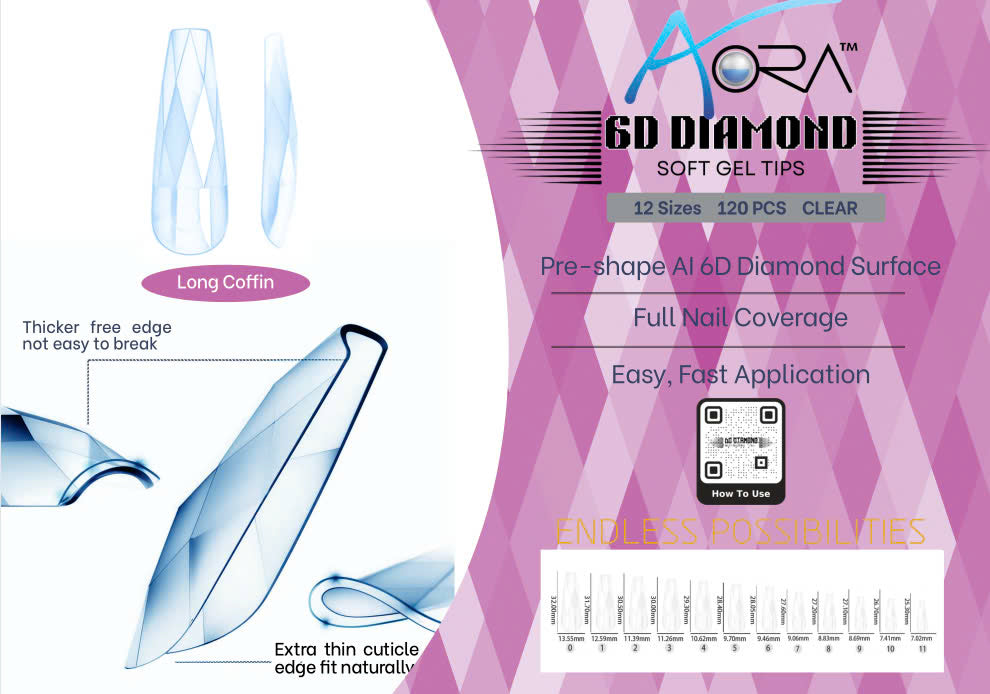 6D Diamond Soft Gel Tips - Long Coffin (Box 120pcs)