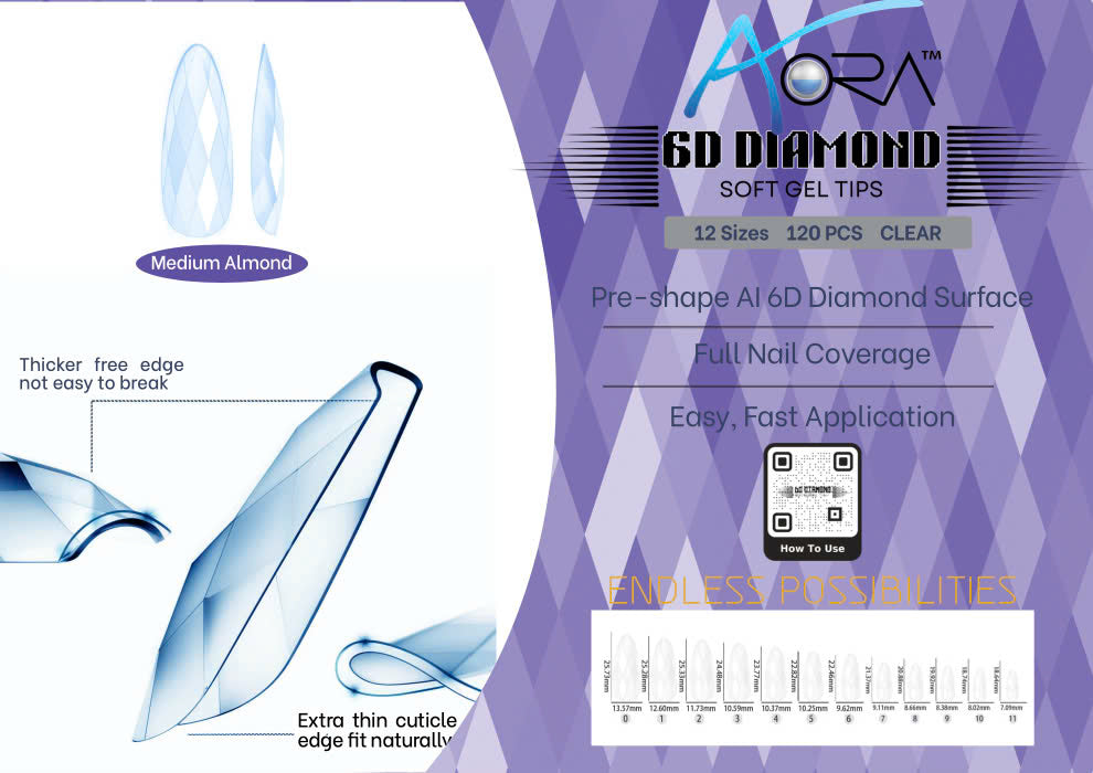 6D Diamond Soft Gel Tips - Medium Almond (Box 120pcs)