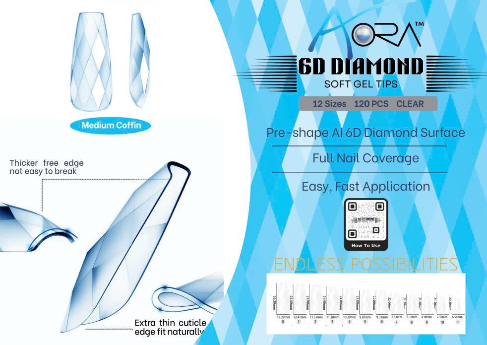 6D Diamond Soft Gel Tips - Medium Coffin (Box 120 pcs)